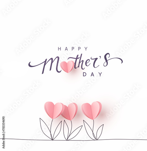 Mother's day postcard with paper tulips flowers and calligraphy text on white background. Vector pink symbols of love in shape of heart for greeting card, cover, label design © Kindlena