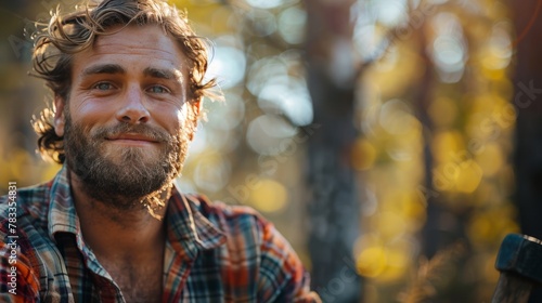 a handsome lumberjack taking a break, leaning on his ax, with a gentle smile ...