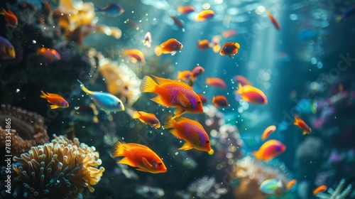 A mesmerizing shot of a school of colorful fish swimming in a coral reef, their vibrant scales shimmering in the dappled sunligh