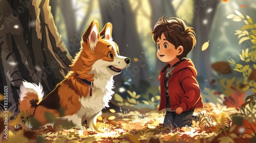 Little Boy With Dog in Forest