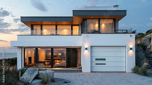 Modern Luxury Home Exterior at Twilight.
