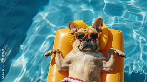 pug sunbathes on a swimming pool