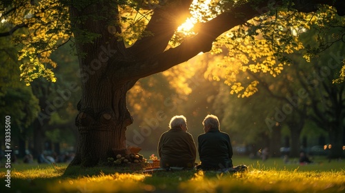 an elderly couple sitting on the grass under the shade of a large tree