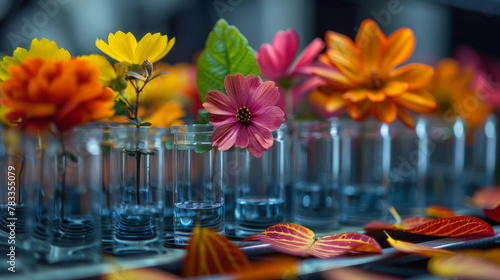 Row of Glass Vases Filled With Colorful Flowers