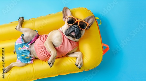 pug sunbathes on a swimming pool © Spyrydon