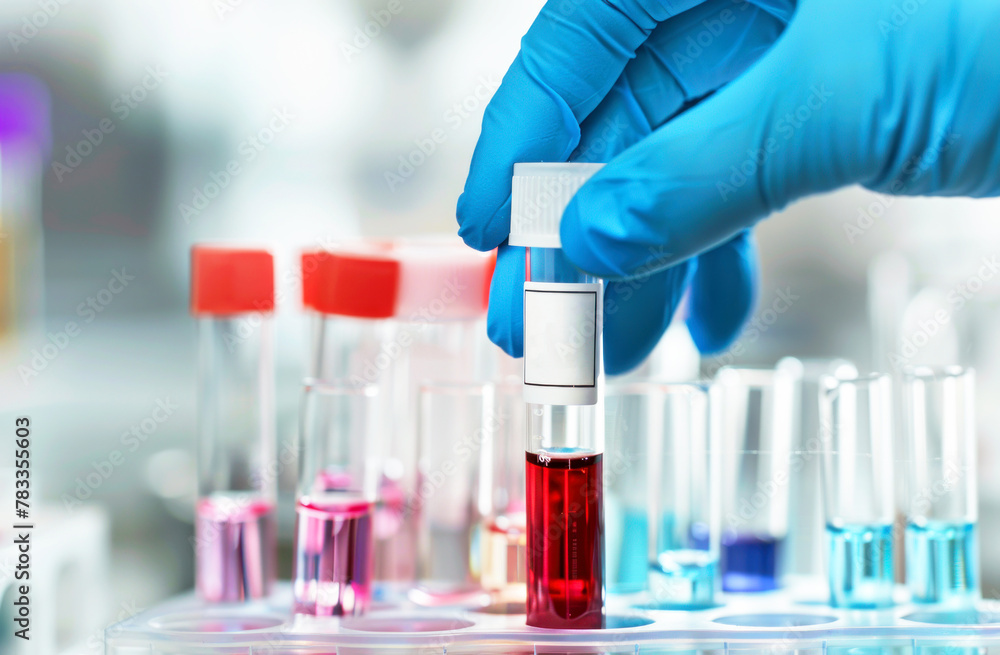Fototapeta premium Hand in glove holding blood test tube and equipment in background