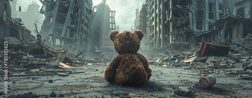 A teddy bear sitting alone in the middle of an abandoned city. AI generated illustration photo