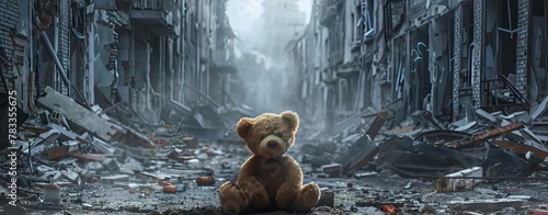 Teddy bear toy sitting alone on the floor in a room of an old abandoned house. Dramatic scary background, copy space for text, darkness horror concept. AI generated illustration photo