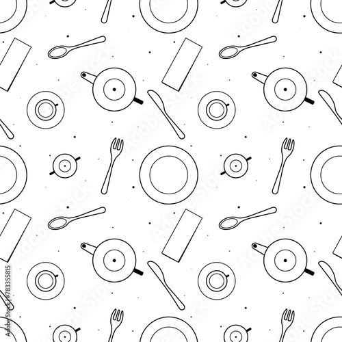 Seamless pattern of dishes in black and white