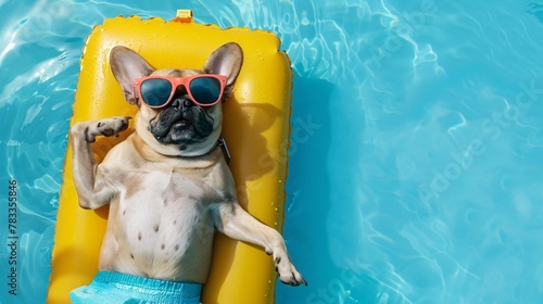 Top view of pug sunbathing on swimming mattress photo
