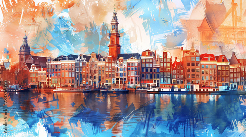 Vibrant artwork blending a classic view of amsterdam with abstract paint splashes photo