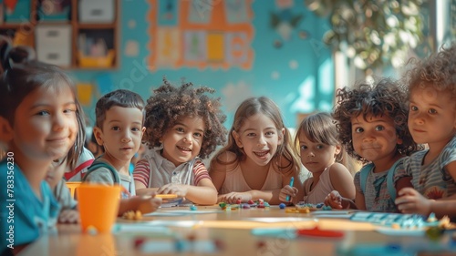 A diverse group of adorable kindergarten children in the classroom performing creative activities and games