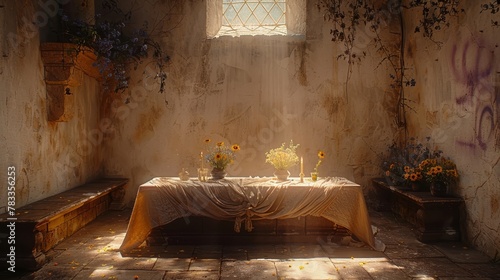  A table, covered by a cloth, is situated in a room adorned with graffiti on the walls Vases filled with flowers rest on the table