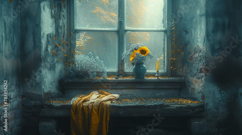   A sunflower in a vase and a blanket on a window sill in a painting photo