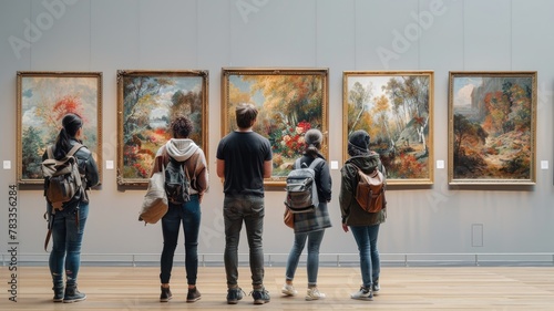 People visiting and watching paintings in art gallery photo