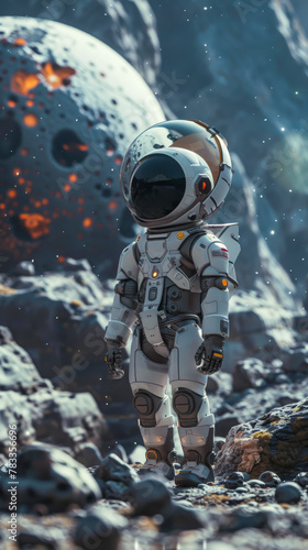 Astronaut Robot Standing Alone on a Rocky Alien Landscape