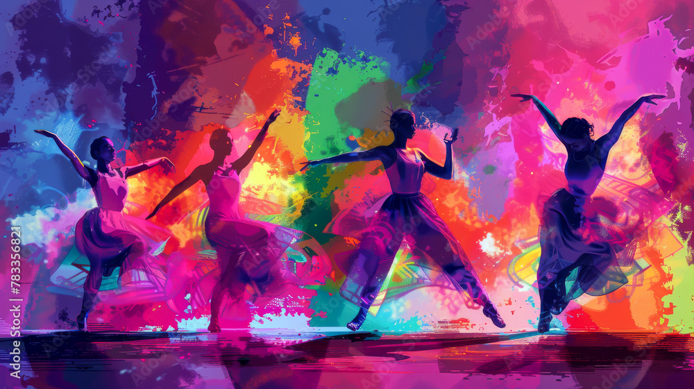 Vibrant Dance Performance on Stage with Colorful Backdrop