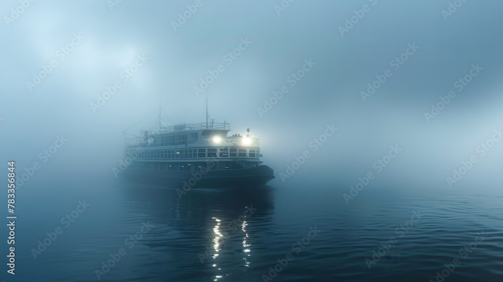 Misty Morning Ferry Journey Across Calm Waters Misty Morning Ferry Journey Across Calm Waters