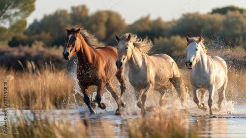 Wild horses roaming through marshes, plains, and ponds of the Camargue region in Southern France.