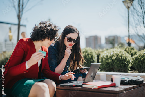 Professional businesswomen working together outdoors with a laptop and documents on a sunny day.