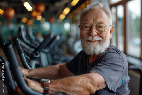 An older man with a beard and glasses smiles broadly as he exercises on an exercise bike in a well-lit gym, showcasing active lifestyle choices in old age. photo