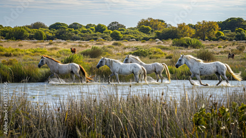 Wild horses roaming through marshes, plains, and ponds of the Camargue region in Southern France.