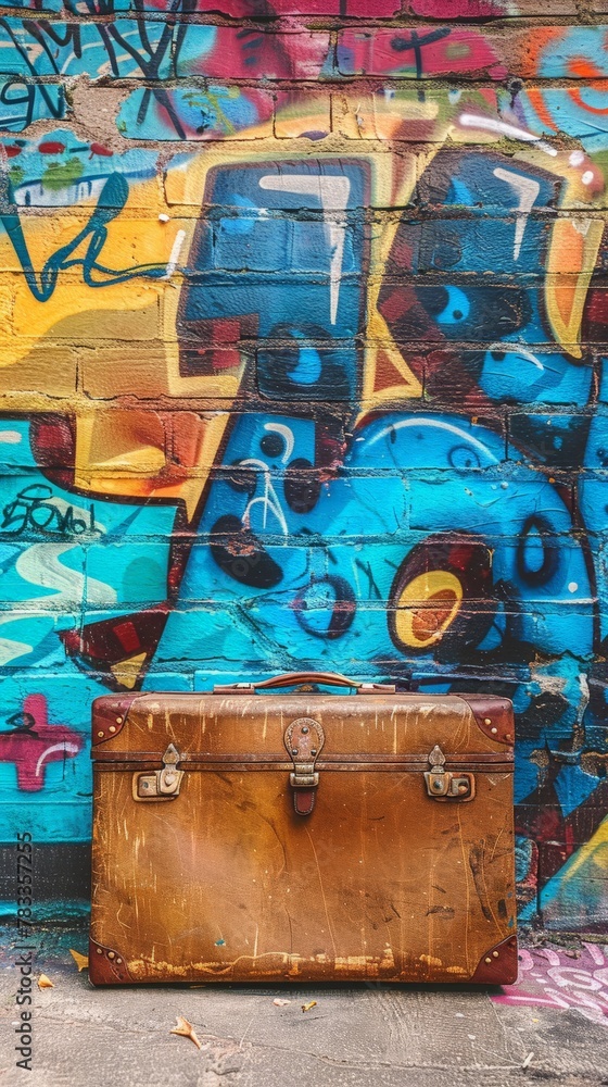 Luggage in front of graffiti covered wall
