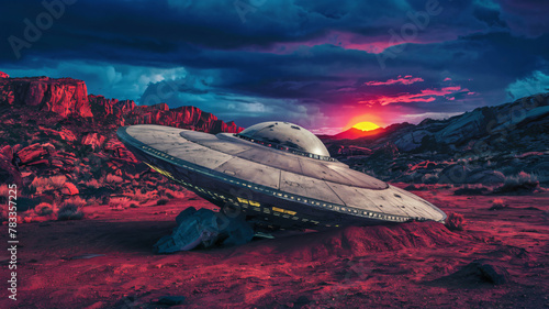 A UFO flying saucer crashed in rocky west at sunrise