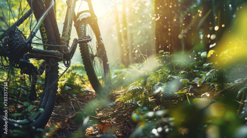 A double exposure showcasing a mountain bike with knobby tires blending with a single track trail through a lush forest Sunlight filters through the trees,  photo