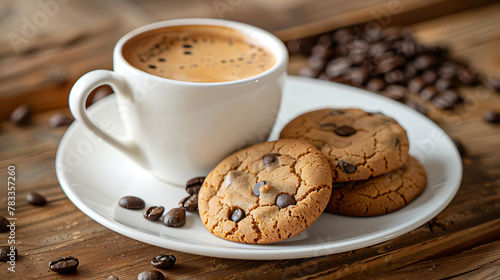 a white ceramic cup filled with aromatic coffee, crowned by a creamy froth, sits on the left side.