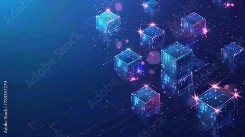 Abstract blockchain, futuristic technology. distributed data storage. Network connection technology. Cubes and squares