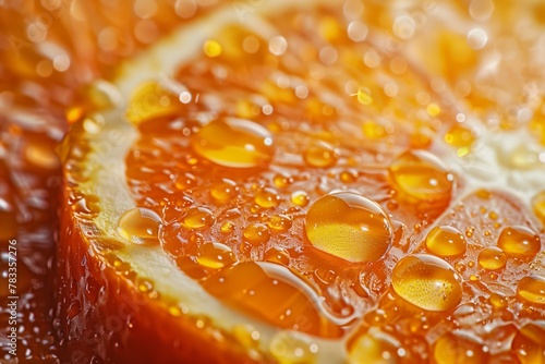 A close-up image capturing the vibrant details and fresh essence of a juicy orange slice, accentuated with sparkling water droplets. 