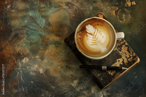 A double exposure showcasing a steaming cup of coffee with a latte art design blending with a worn leatherbound journal with a vintage aesthetic photo