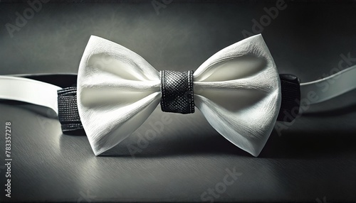 a white bow tie with a black band