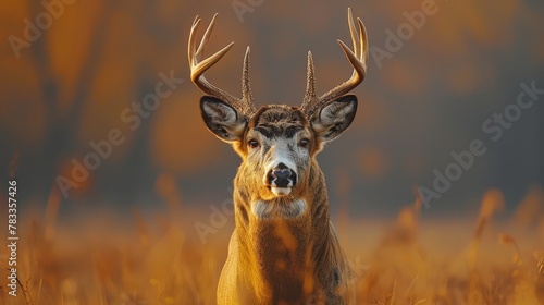  A deer, its antlers crowned high, gazes ahead in a field swathed in tall grass