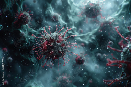 A digital animation depicting a virus mutating and evolving, highlighting the challenges of developing long term effective treatments Space for text or title, copy space