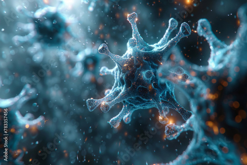 A digital animation depicting a virus mutating and evolving, highlighting the challenges of developing long term effective treatments Space for text or title,  photo