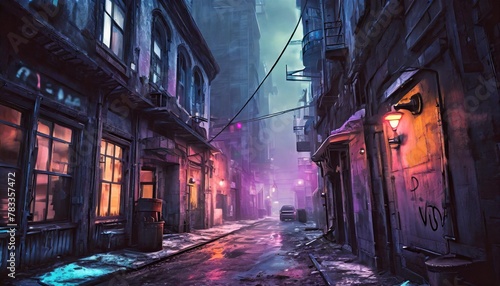 cyberpunk post apocalyptic dystopian winter city narrow street neon lights concept art digital painting cinematic