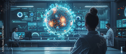 A digital illustration of a futuristic laboratory with scientists working amidst advanced equipment In the foreground photo
