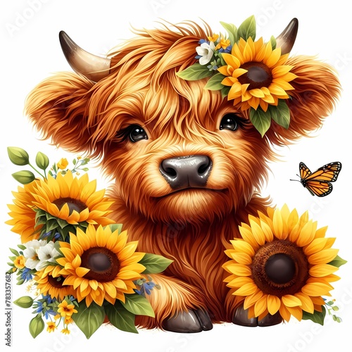 Illustration of a cute baby Highland cow with long hair and sunflowers