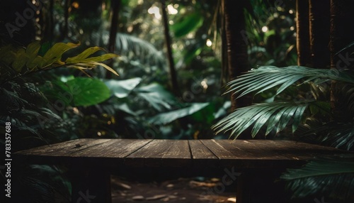 wooden table in the jungle against the background of tropical leaves generative ai
