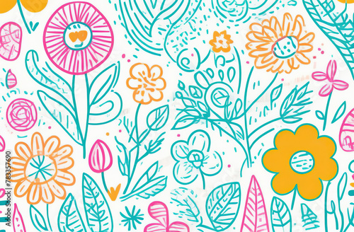 Abstract drawing of flowers and plants on a white background, risograph style. Print for fabric, textiles, decor