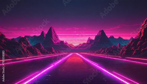 synthwave 3d retro cyberpunk style landscape background banner or wallpaper bright neon pink and purple colors generative ai