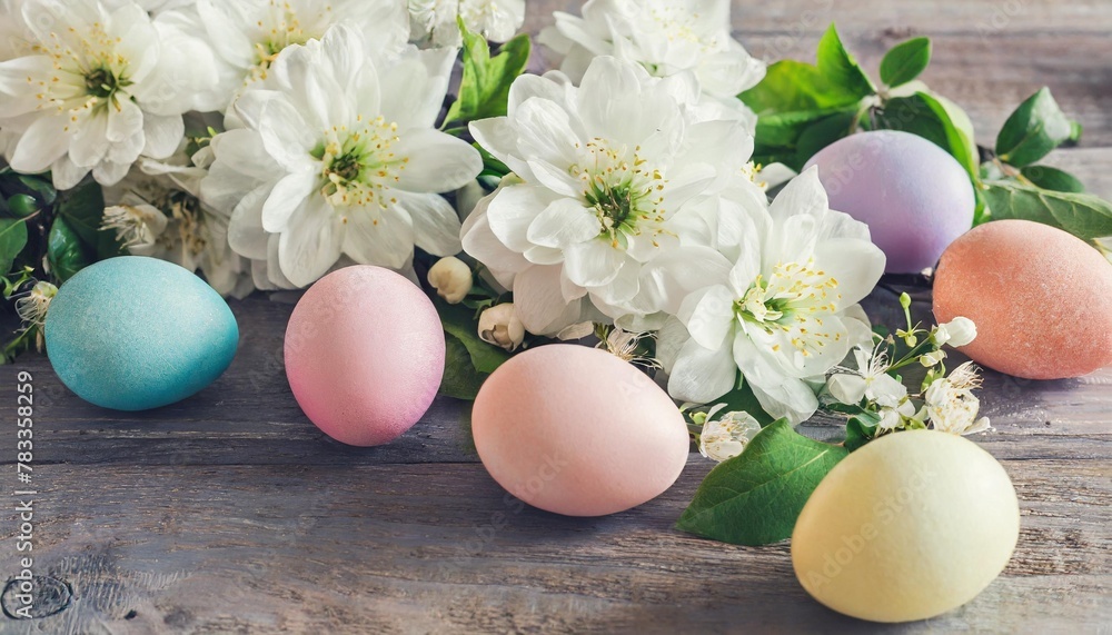 easter composition with white flowers and multicolored eggs delicate pastel colors close up generative ai