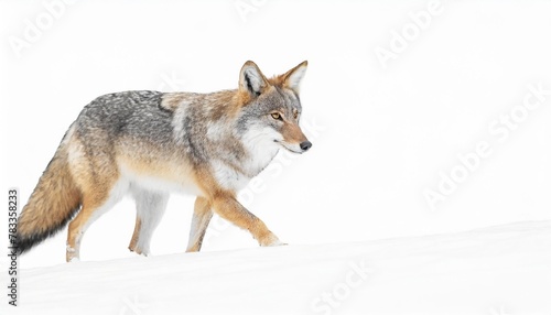 a lone coyote canis latrans isolated on white background walking and hunting in the winter snow