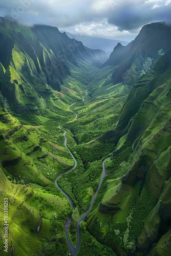 Aerial view of a lush green valley © BrandwayArt