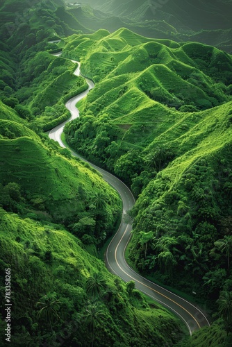 Winding road through lush green valley