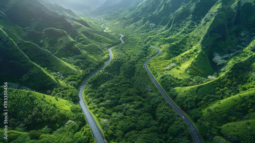Aerial view of winding road in the mountains