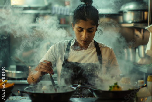 Hispanic, head chef, kitchen, steam, Hobbs dishes restaurant background: diversity, workplace, inclusion ethnicity photo