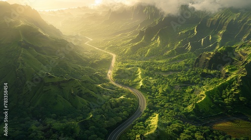Aerial view of winding road in mountain range
